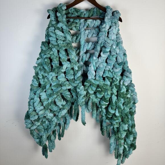 Handmade Chunky Knit Shawl Wrap Scarf Ombre Teal Green Boho Cozy Open Weave Yarn - Picture 2 of 6